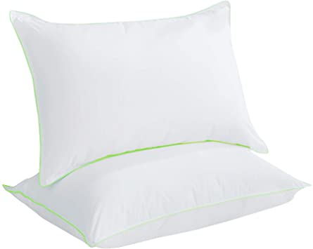 KASENTEX Premium Goose Down and Feather Pillows for Sleeping, 100% Cotton with Green Silky Piping, Breathable Plush Medium Soft - Three Layer Bed Pillows, Set of 2, White, King Size