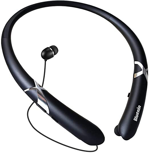 Bluetooth Headphones, Bluenin Bluetooth Neckband Wireless Headphones Bluetooth 5.0 Retractable Earbuds Stereo Headset CVC 8.0 Noise Cancelling Call Vibrate Alert Earphones with Mic (Black)