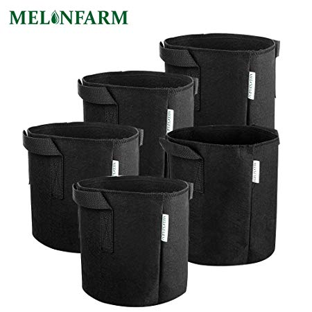 MELONFARM 5-Pack 1 Gallon Grow Bags Heavy Duty Thickened Non-woven Smart Plant Aeration Fabric Pots Containers With Handles Extremely Durable (Black)