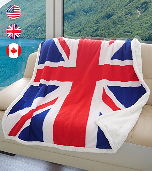 UK Flag Sherpa Throw Blanket, Super Cozy Fleece Plush Bed Throw TV Blankets Reversible for Bed or Couch 50" x 60" | Catalonia series by Terrania | UK Flag