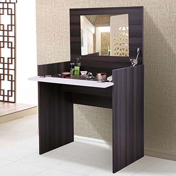 JAXPETY Dressing Vanity with Flip-up Mirror Top, Wood Makeup Table with Storage for Women Girls, Writing Desk, Bedroom Furniture, Ebony