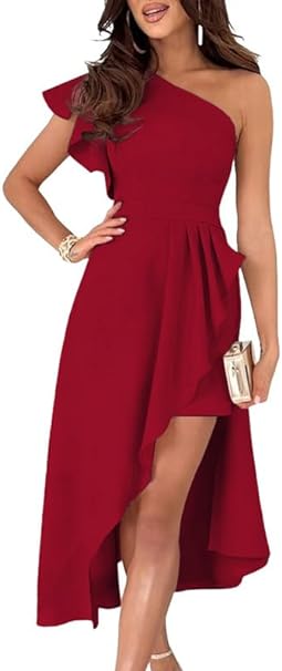 Dokotoo Womens One Shoulder Sleeveless Empire Waist Ruffle Asymmetrical High Low Bodycon Formal Wedding Guest Midi Dresses