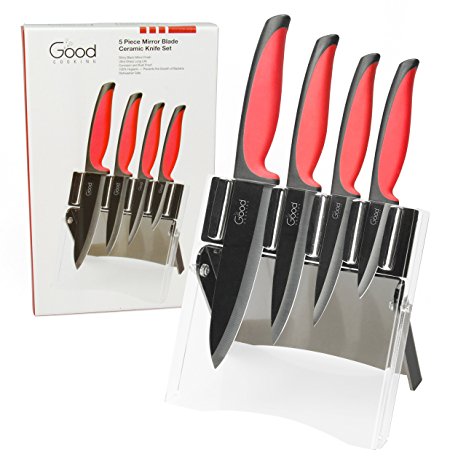 Ceramic Knives with Block- 5 Piece Cutlery Set with Mirror Finish By Good Cooking (Mirror Blades)
