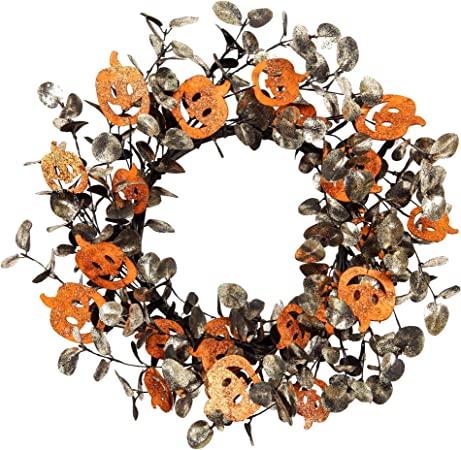 18 Inch Halloween Wreath Pumpkin Wreath with Glitter Decorations Fall Decorations with Wood Pumpkins Thanksgiving Decorations