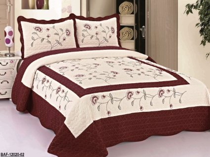 3pcs High Quality Fully Quilted Embroidery Quilts Bedspread Bed Coverlets Cover Set , Queen King (Beige/Burgundy)
