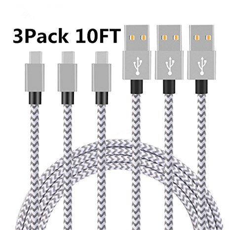 TYPE C Charger Cable, VPR Nylon Braided USB Type C Long Cord-usb Data Charging Cable for Galaxy S8, S8 Plus, LG G6, ZTE Zmax Pro Z981, HTC 10 and More USB Type C Devices (3Pack 10Fsilver white)