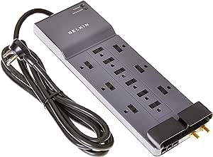 Belkin Power Strip Surge Protector - 12 AC Multiple Outlets & 8 ft Long Flat Plug Heavy Duty Extension Cord for Home Charging Brick (3,940 Joules) 3PK, Black&Grey