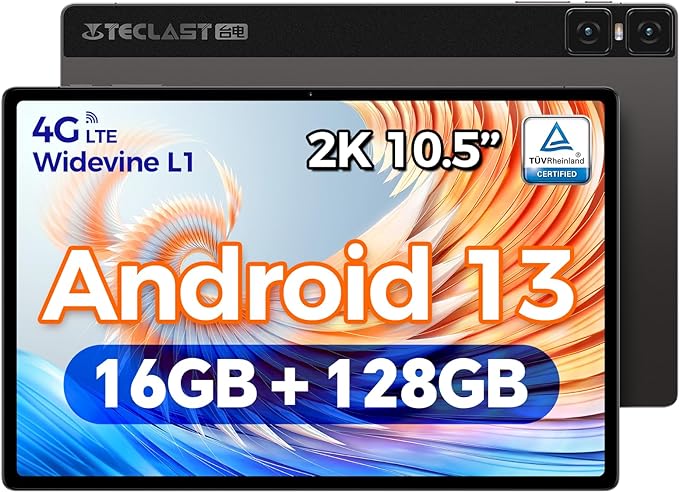 TECLAST T45HD Tablet 10.5 Pulgadas, 16GB RAM   128GB ROM(TF 2TB), Tablet 2K, Android 13/Dual 4G Lte/5G WiFi/Widevine L1/TÜV Rheinland/Octa Core/Batería 7200 mAh/13 8MP/BT 5.0/Face ID/GPS/Type-C