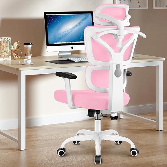 Winrise Office Chair Ergonomic Desk Chair, High Back Gaming Chair, Big and Tall Reclining Chair Comfy Home Office Desk Chair Lumbar Support Breathable Mesh Computer Chair Adjustable Armrests (Pink)