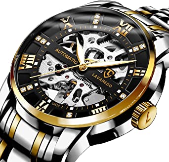 Men’s Watch Black Mechanical Stainless Steel Skeleton Waterproof Automatic Self-Winding Roman Numerals Diamond Dial Wrist Watch