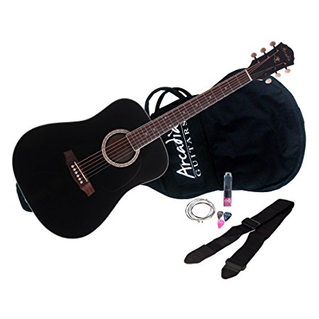 Arcadia DL38BK PAK 38" 3/4 size Dreadnaught Acoustic Guitar Pack, Spruce with Black Finish