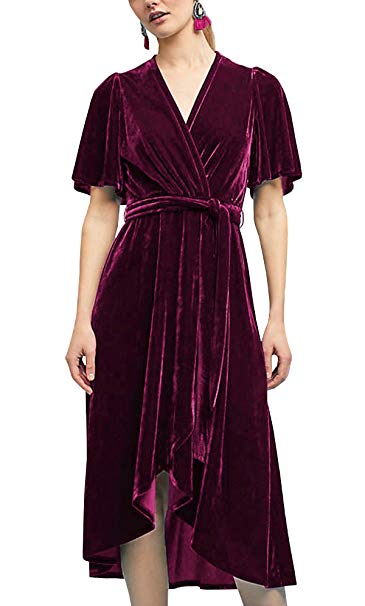 R.Vivimos Womens Velvet Pleated Wrap Tie Waist Elegant Flowy Party Plus Size Midi Dresses