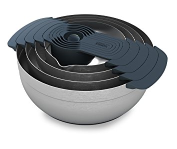 Joseph Joseph 95005 Nest 9 Stainless Steel Compact Nesting Mixing Bowl Set Measuring Tools Sieve Colander Food Prep Dishwasher Safe Non-Slip, 9-Piece, Silver