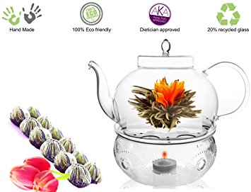 Glass Teapot with Tea Warmer Lead Free Special Glass No Drip by Tea Beyond (Glass, 45 oz  Detox 12cts)