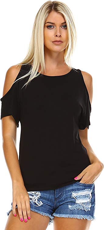 Isaac Liev Women's Stylish Open Cutout Cold Shoulder Short Sleeve Top - Made in USA