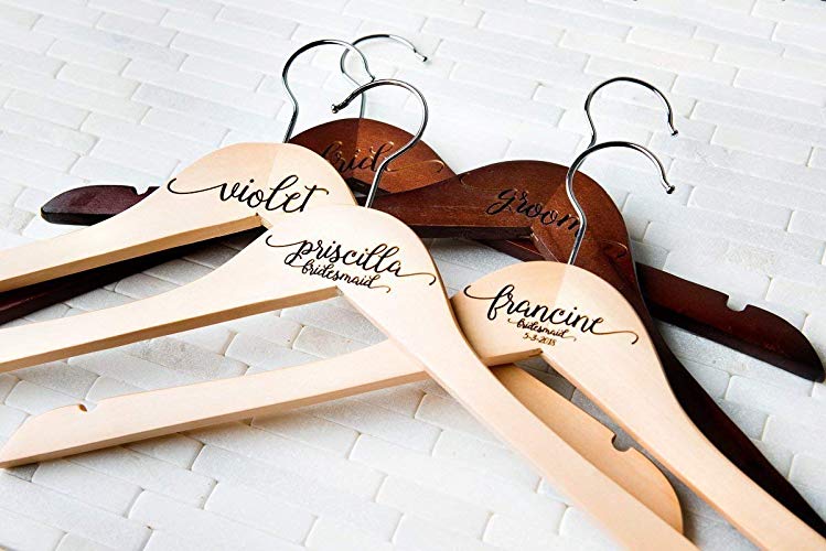 6 Wedding Dress Hangers Personalized Calligraphy Bride Bridesmaid Gift for the Couple Matron Maid of Honor Engraved Wood Quick Ship
