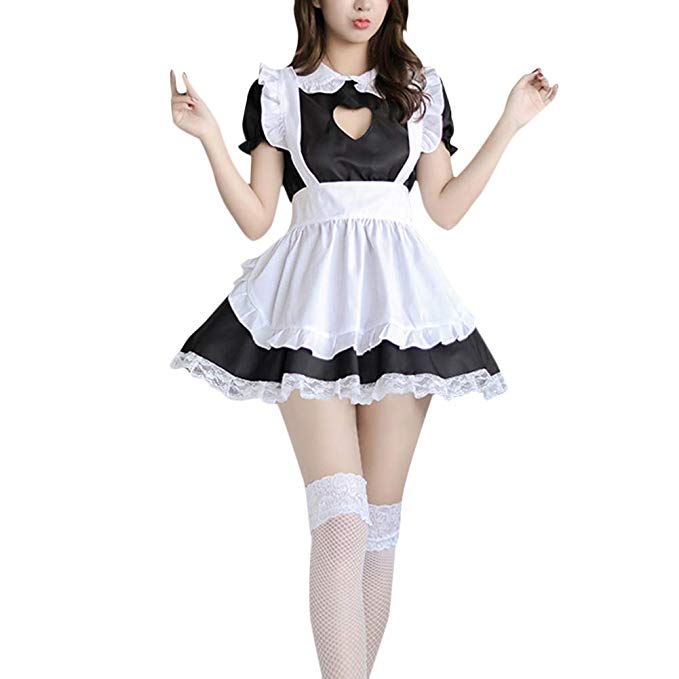 Etosell Women Lingerie Cosplay Lace Love Hollow Sexy Maid Outfit Uniform Set Black