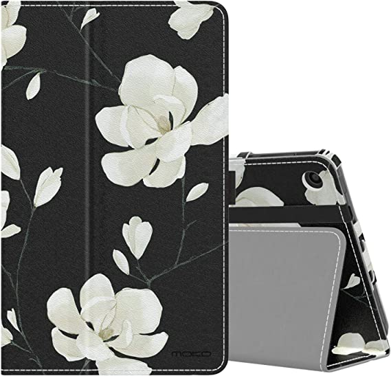 MoKo Case Fits Kindle Fire 7 Tablet (9th Generation, 2019 Release), Premium PU Leather Slim Folding Stand Shell Multiple Viewing Angles Cover with Auto Wake/Sleep - Black & White Magnolia