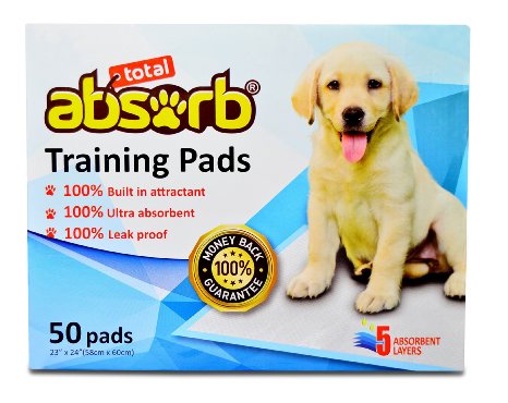 Total Absorb Dog Training Pads | Great For Your Pet | Best Absorbant Technology | Built in Attractant | Safe Travel Pee Pads | Leak Proof Puppy Pads | 23"x24"-50 Count | 100% Money Back Guarantee