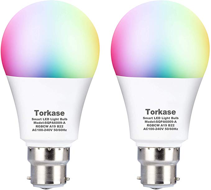 Torkase WiFi Smart Bulb, 9W (80W Equivalent), B22 Bayonet, RGBCW Multi Color Lamp, Remote Control and Voice Control Compatible with Amazon Alexa, Google Home, IFTTT, No Hub Required - 2PACK