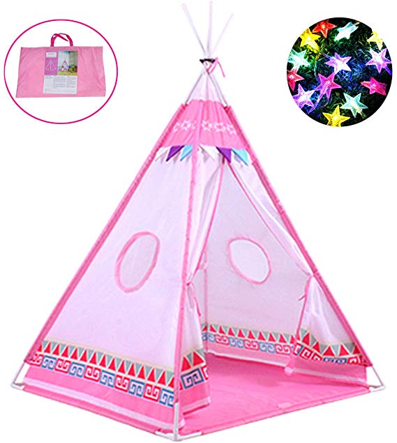 Aubeco Princess Teepee Tent India Kids Play House Indoor & Outdoor Girls Play Tent with 23ft LED Star String Lights, Birthday for Girls, Pink