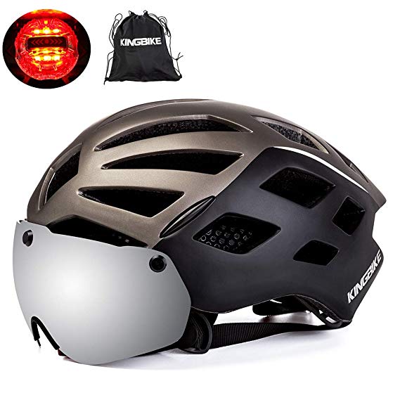 KINGBIKE DOT Bicycle Helmet Detachable Eye Shield Goggles(100% UV400 Protection,Can Over The Glasses) + Helmet Backpack Men Women,3 Modes Rear Safety LED Light,26 Air Vents