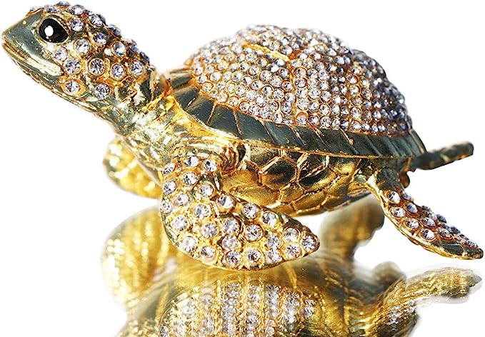 Waltz&F Diamond turtles Hinged Trinket Box Hand-painted Animal Figurine Collectible (Gold)