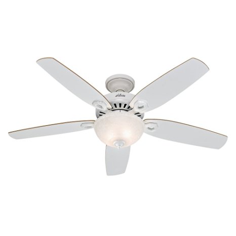 Hunter 53089 Builder Deluxe 52-Inch Ceiling Fan with Five White/Beech Blades and Snowflake Linen Glass Light Kit, White