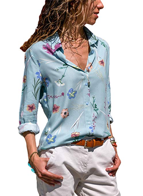 Dokotoo Womens V Neck Floral Print Button Down T Shirts Casual Blouses Tops (S-XXL)