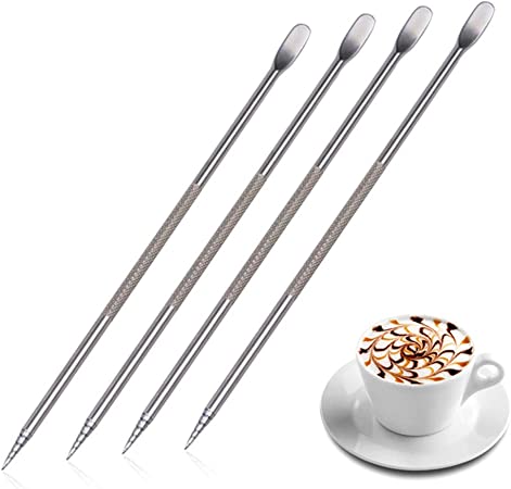 4 Pcs Stainless Steel Coffee Art Pen Coffee Fancy Stitch Barista Tool Cappuccino Latte Spatula Needle for Home Kitchen Cafe