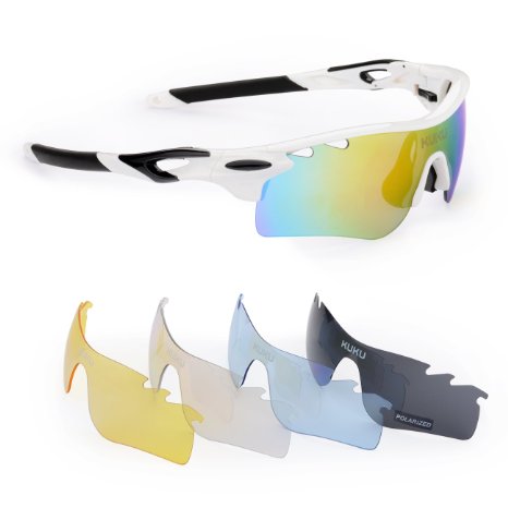 FiveBox Polarized U.V Protection Sports Glasses ,Cycling Wrap Sunglasses with 5 Interchangeable Lenses Unbreakable for Riding Driving Fishing Running Golf And All Outdoor Activities With Retail Package.