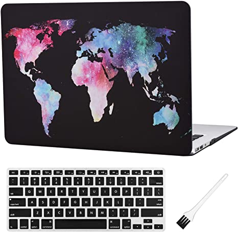 MacBook Air 13 inch Case A1369 A1466 Matte Rubberized Plastic Hard Shell Sleeve Cover World Map Pattern (Old Version 2010-2017) with Silicone Keyboard Cover Dust Brush (Map Pattern-Black)