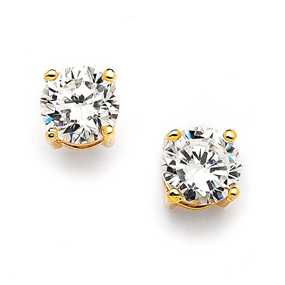 Mariell 2 Carat Cubic Zirconia Stud Earrings in 14K Gold Plating. Pierced 8mm Round CZ Wedding Jewelry