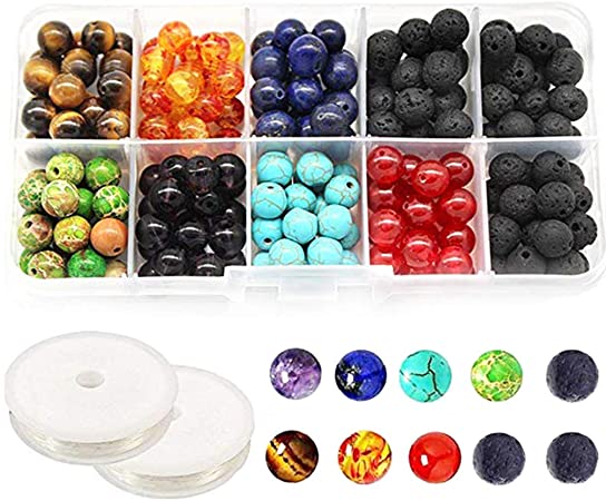 Lava Beads Kit,8MM Chakra Beads and Black Colored Lava Rock Stone Round Loose Beads Kit for Jewelry Making-Silver Spacer Beads 2 Crystal Strings Assorted Colors for Essential Oil Jewelry Making