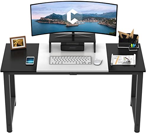 CubiCubi Computer Desk 55" with Splice Board Study Writing Table for Home Office, Modern Simple Style PC Desk, Black Metal Frame, White and Black