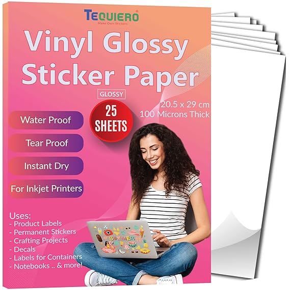 TeQuiero Inkjet Vinyl Glossy Sticker Paper, Waterproof, Tear Resistant, Instant Dry, for DIY Art Stickers Printing, Self Adhesive Photo Sheets - 25 Sheets A4 Size