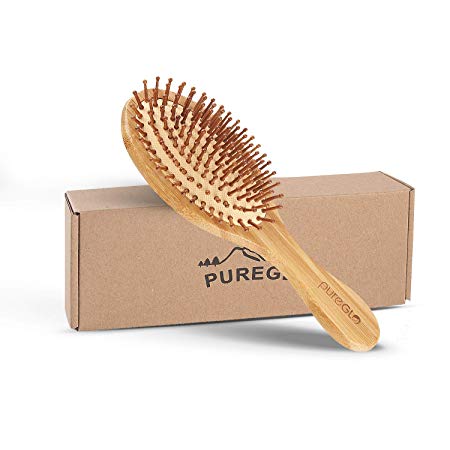 Natural Wooden Hair Brush – pureGLO Bamboo Bristle Detangling Hairbrush for Women Men and Kids - Reduce Frizz, Massage Scalp for Straight Curly Wavy Dry Wet Thick or Fine Hair (Oval)