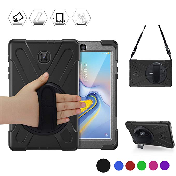 Samsung Galaxy Tab A 8.0 2018 Case, BRAECN [360 Degree Stand/Hand Strap] [Detachable Shoulder Strap] Three Layer Rugged Shockproof Protective Case for Galaxy Tab A 8.0 2018 Release T387 Tablet (BLACK)
