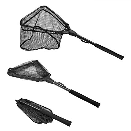 PLUSINNO Fishing Net Fish Landing Net, Foldable Collapsible Telescopic Pole Handle, Durable Nylon Material Mesh, Safe Fish Catching or Releasing