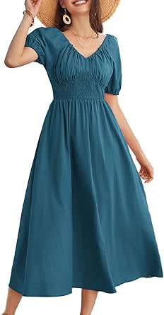 GRACE KARIN 2024 Women's Summer V Neck Smocked Cotton Dresses Short Puff Sleeve Flowy A Line Maxi Dress with Pockets