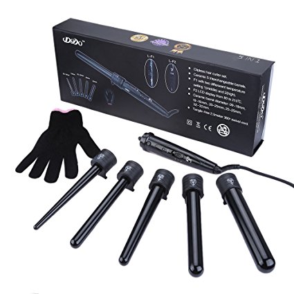 SKM Interchangeable Hair Curling Iron, Professional Multi-size Salon Hair Curler Ceramic Tourmaline Hair Roller with Heat Resistant Glove (Black,5-in-1)