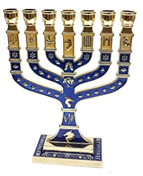Golden Menorah 7 Branch 12 Tribes Of Israel Jerusalem Menora Blue Enamel 4.7"