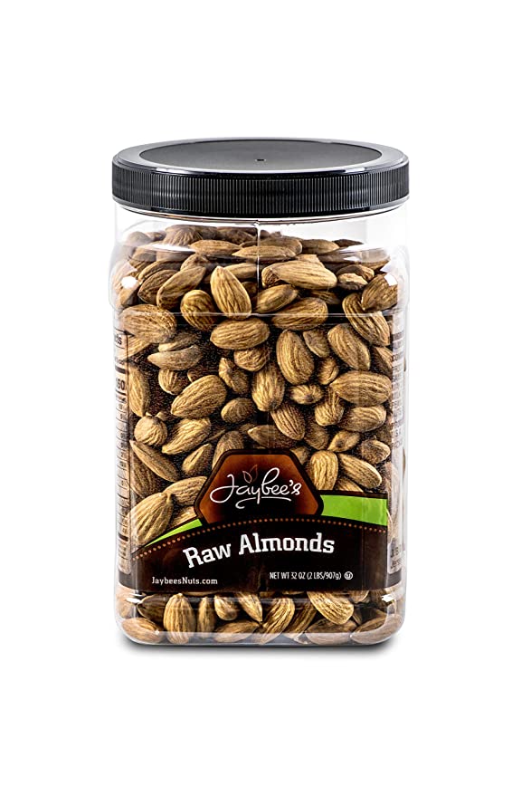 Jaybee's Jumbo Raw Whole Natural Almonds - No Shell, Unpasteurized, Unsalted, Bulk - Great for Gift Giving or as Everyday Snack - Reusable Container - Certified Kosher (32 Ounces)