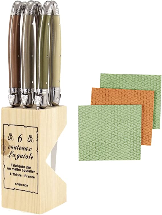 Bundle of Jean Dubost Laguiole 6 Stainless Steel Steak Knives Handles in Wooden Block With 3-pk Sponge Cloths (Mineral)