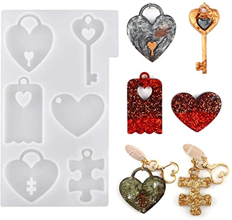 LET'S RESIN Couples Keychains Molds,Couple Necklace Molds with Heart Resin Molds, Heart Lock Silicone Molds, Puzzle Epoxy Pendant Molds for Mothers Day Gifts