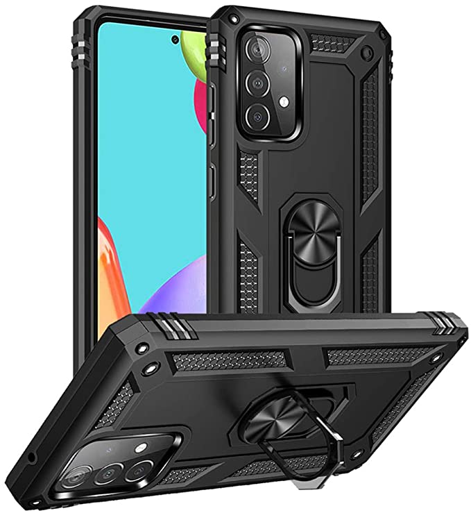 Yiakeng Samsung Galaxy A52 5G Case，Silicone Shockproof Military Grade Protective Phone Cover with Ring Kickstand for Samsung Galaxy A52 5G (Black)