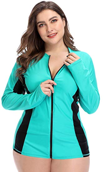 ATTRACO Womens Plus Size Long Sleeve Rash Guard Top Zipper Sufing Swim Shirt