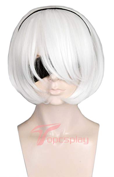 Topcosplay Women's Short Wig White Halloween Costume Cosplay Wig with Long Bangs