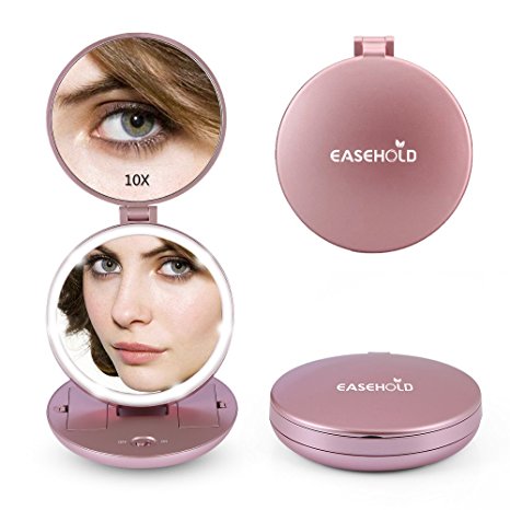 Easehold 1X/10X Folding Travel Handheld Mirror with Lights, Led Lighted Makeup Vanity Magnifying Mirror , Rose Gold