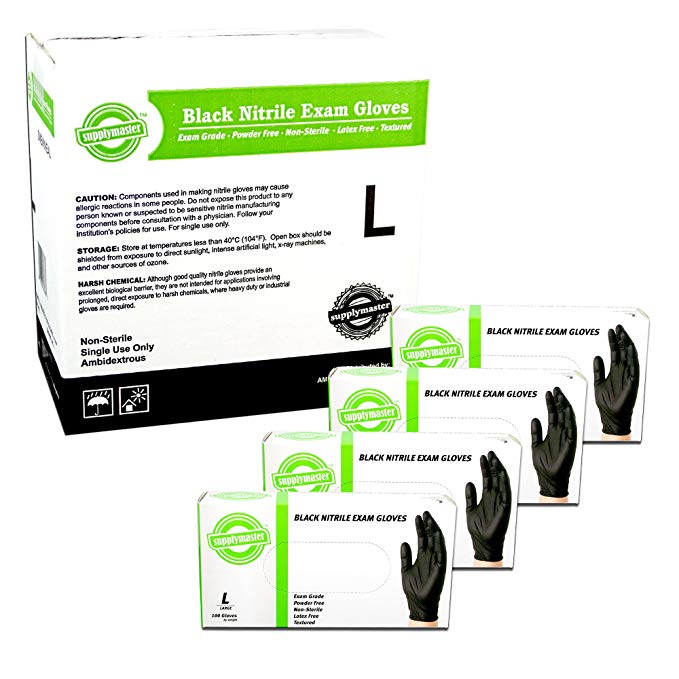 SupplyMaster - SMBKNE4L - Exam Nitrile Gloves - Disposable, Powder Free, Exam, 4 mil, Large, Black (Pack of 400)
